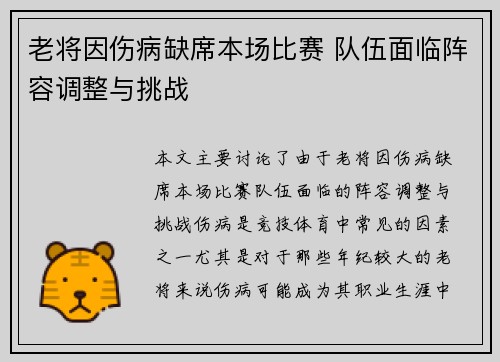 老将因伤病缺席本场比赛 队伍面临阵容调整与挑战