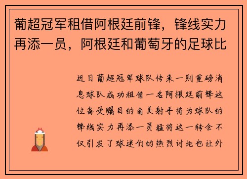 葡超冠军租借阿根廷前锋，锋线实力再添一员，阿根廷和葡萄牙的足球比赛