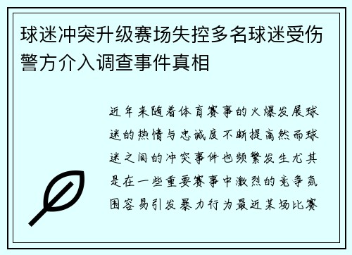 球迷冲突升级赛场失控多名球迷受伤警方介入调查事件真相